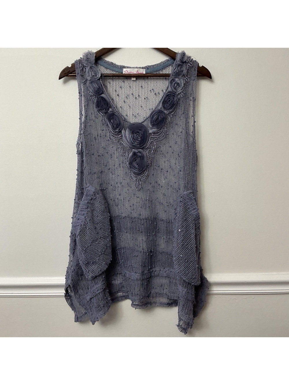 Pretty Angel Women's Sheer Knit Sleeveless Top with Floral Applique, Size Small,